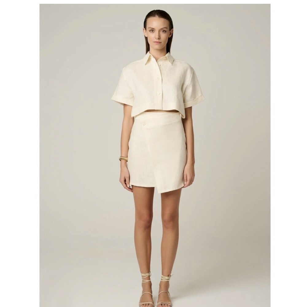 HEVRON Womens Melanie Linen Cut-Out Mini Dress Ivory Short Sleeve Asymmetrical